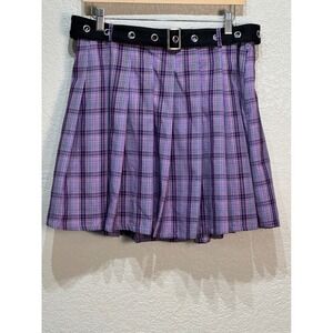 Hot Topic Purple Plaid Pleated Grommet Belt Mini Skirt LG 15870041 NWT